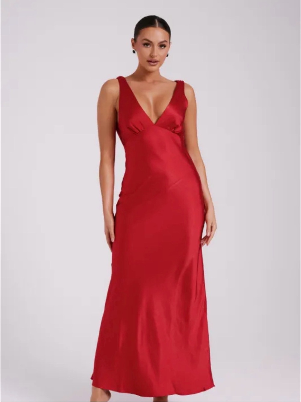 Meshki Red Satin V-Neck Slip Dress